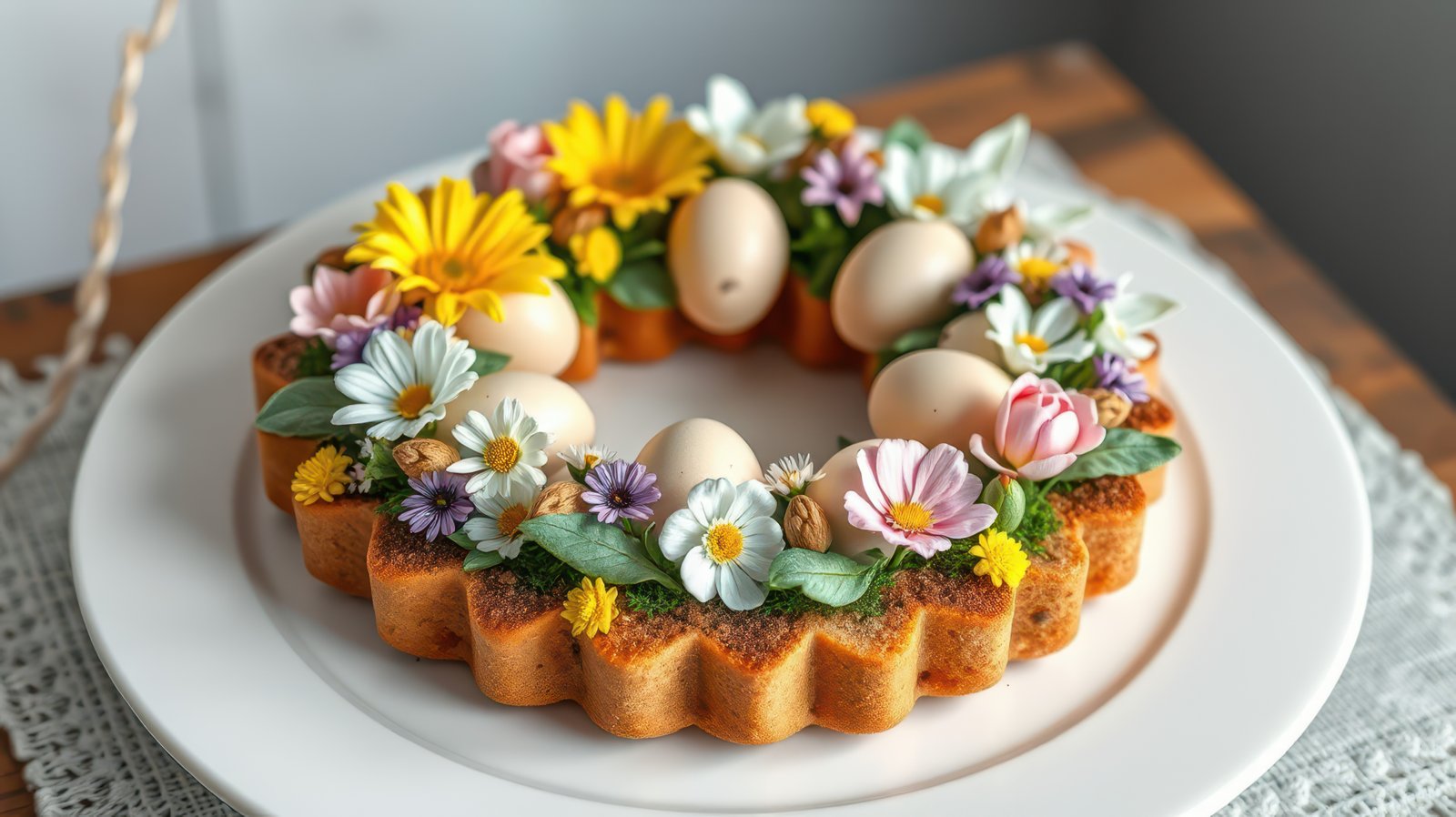 Decorative spring cake adorned with flowers and eggs on a rustic table